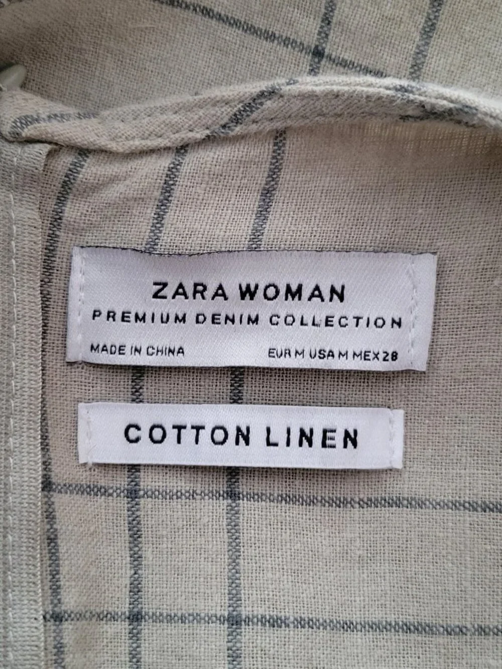 Zara Sage Green Linen Cotton Hi Low Hem Tie Dress Boho Lagenlook Plaid Stripe - Picture 10 of 11